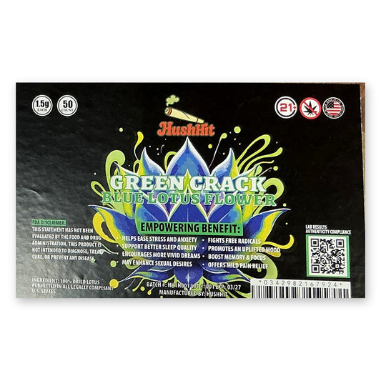 HushHit Blue Lotus Flower Green Crack 1.5g pre-roll case label