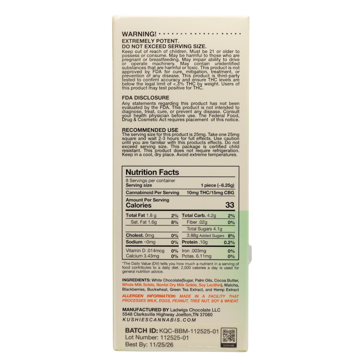 Kushies x Perfect Plant Blackberry Matcha (Morning Blend) chocolate bar nutrition facts and ingredients