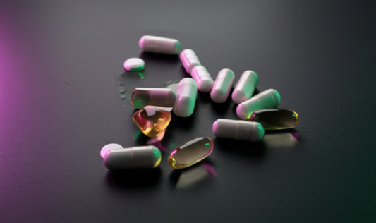 Premium 7-OH hydroxymitragynine capsules and tablets with purple and green lighting