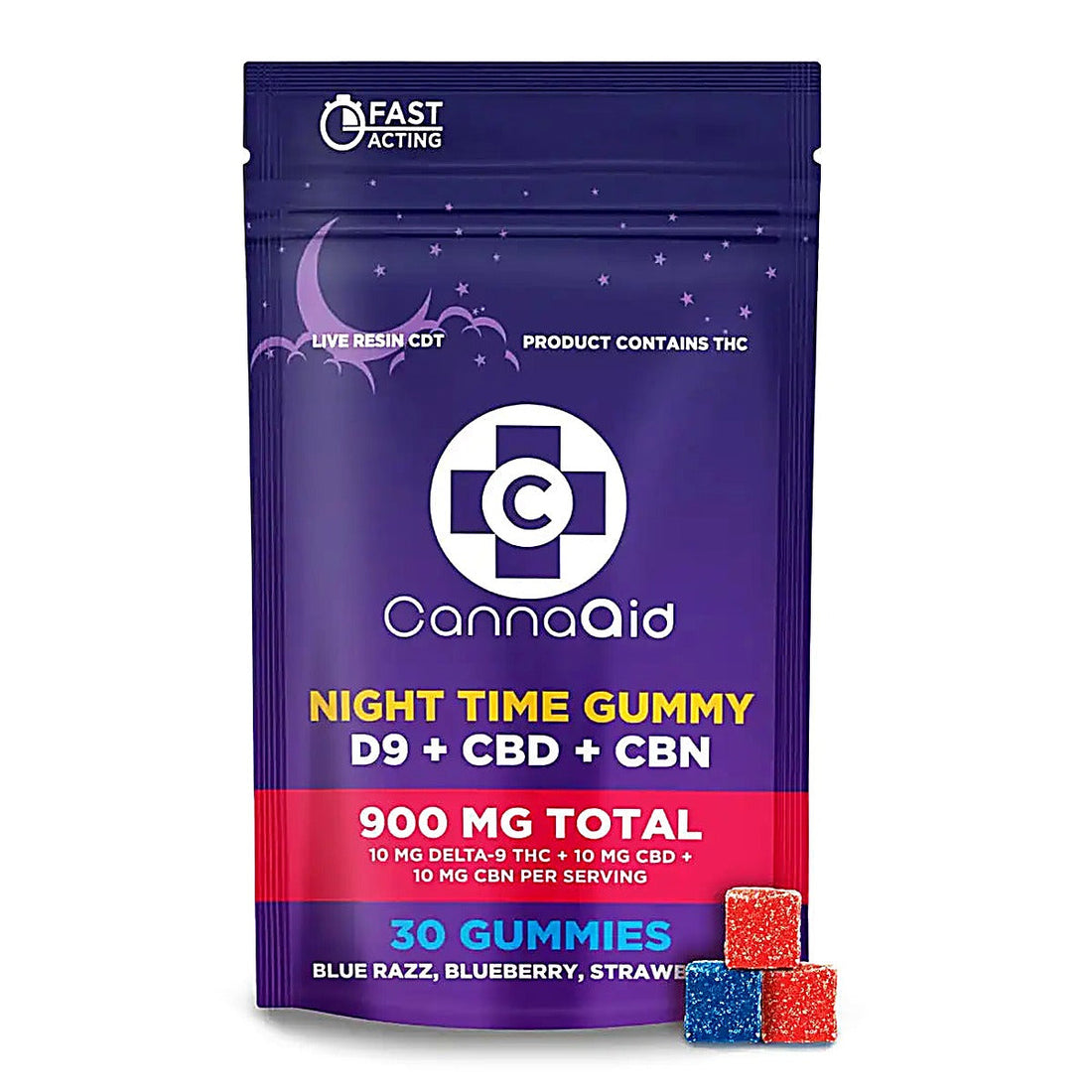 CannaAid Night Time Gummy D9+CBD+CBN 900MG Total (30pc) - Front View