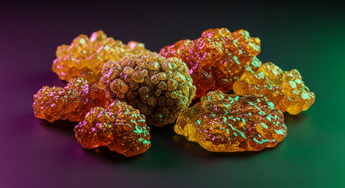 THC-A concentrate types — badder, wax, crumble and sugar on dark surface with purple and green lighting