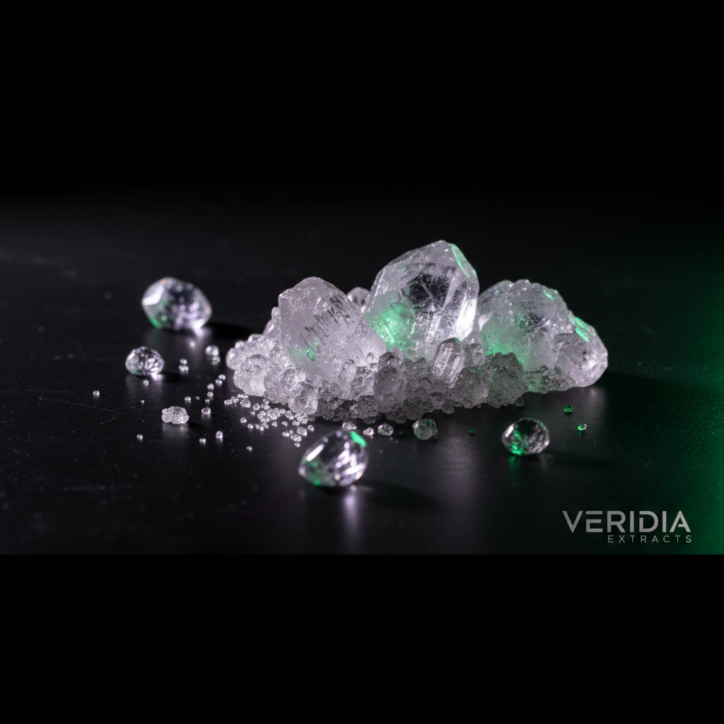 THC-A diamonds crystalline concentrate on dark surface with purple and green lighting
