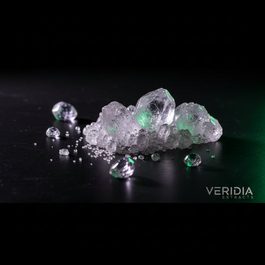 THC-A diamonds crystalline concentrate on dark surface with purple and green lighting