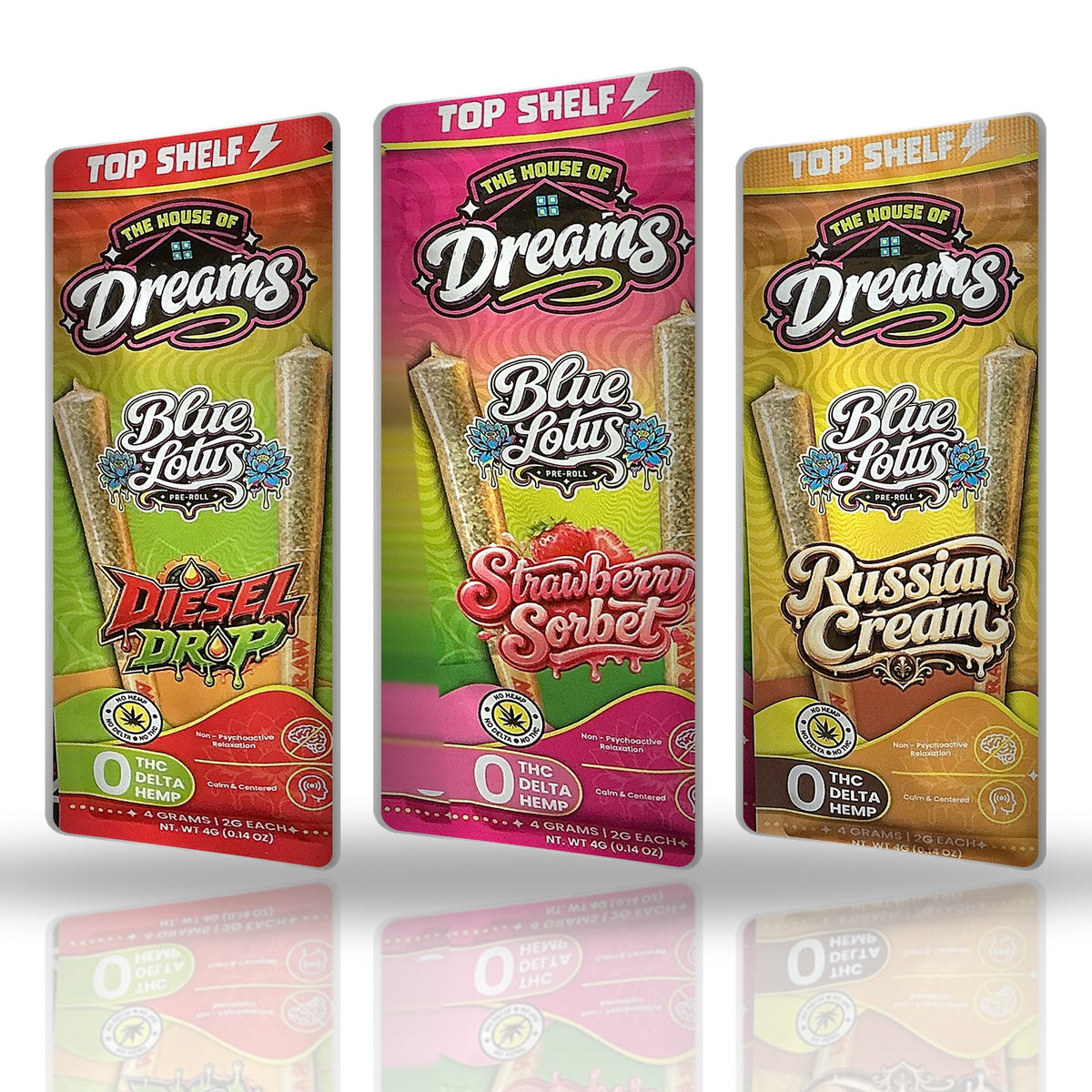 The House of Dreams Top Shelf Blue Lotus Pre-Rolls 2ct - Diesel Drop, Strawberry Sorbet, Russian Cream