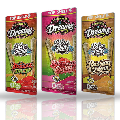 The House of Dreams Top Shelf Blue Lotus Pre-Rolls 2ct - Diesel Drop, Strawberry Sorbet, Russian Cream
