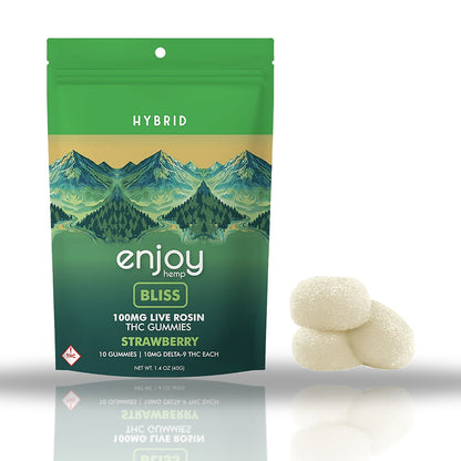 Enjoy Hemp 100MG live rosin THC gummies 10ct pouch — Strawberry Bliss (Hybrid)