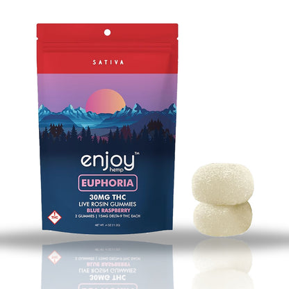 Enjoy Hemp live rosin gummies 2pk pouch with gummies — Blue Raspberry Euphoria (Sativa), 30MG THC