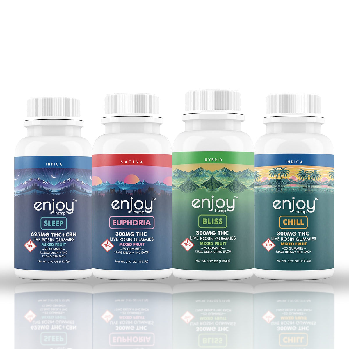 Enjoy Hemp live rosin gummies 25ct bottles, mixed fruit — Sleep, Euphoria, Bliss and Chill