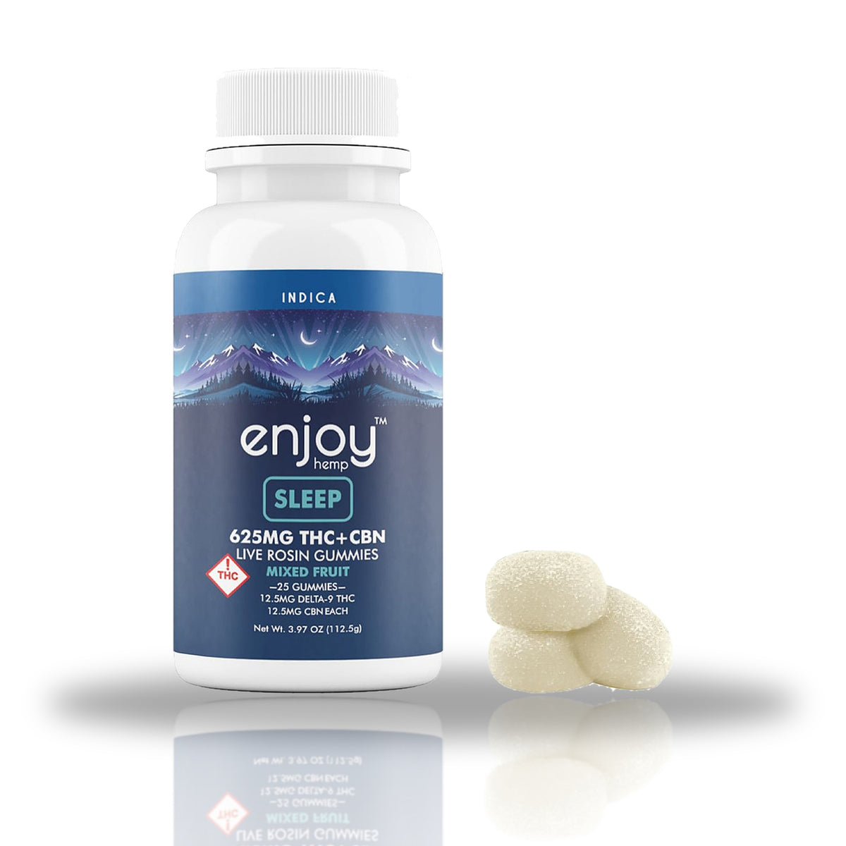 Enjoy Hemp live rosin gummies 25ct bottle with gummies — Sleep 625MG THC+CBN (Indica)