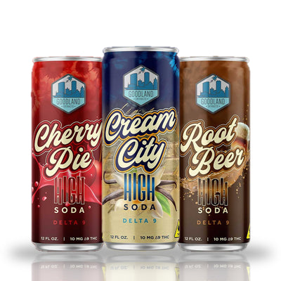Goodland High Soda 10MG D9 THC — Cherry Pie, Cream City and Root Beer 12oz cans