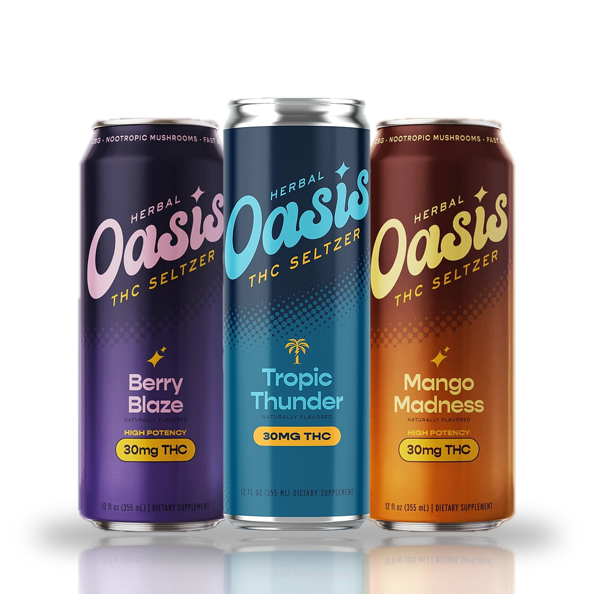 Herbal Oasis THC Seltzer 30MG THC — Berry Blaze, Tropic Thunder and Mango Madness 12oz cans