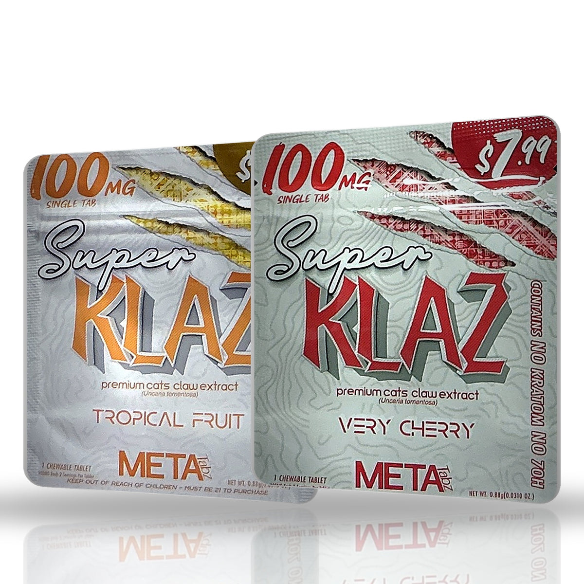 Meta Tabz Super Klaz 100MG cat's claw chewable tablet 1ct - Tropical Fruit and Very Cherry pouches