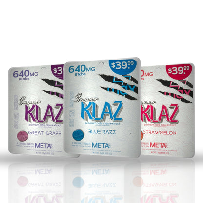 Meta Tabz Super Klaz 640MG cat's claw chewable tablets 8ct - Great Grape, Blue Razz and Strawmelon pouches