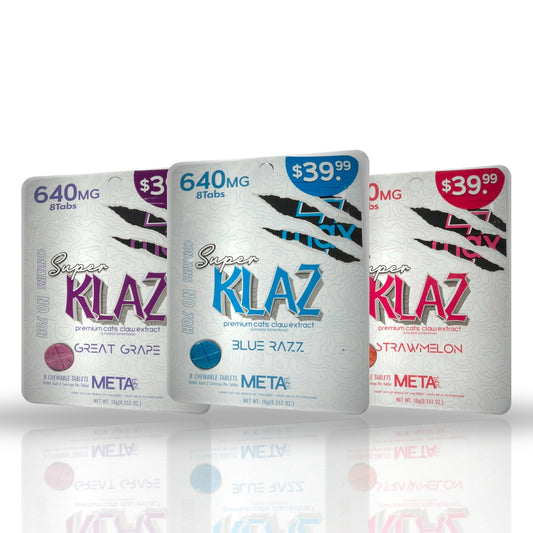 Meta Tabz Super Klaz 640MG cat's claw chewable tablets 8ct - Great Grape, Blue Razz and Strawmelon pouches