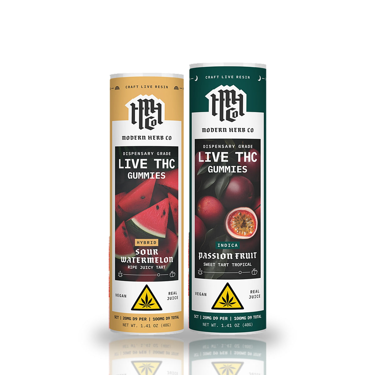 Modern Herb Co Live THC Gummies 5ct tubes, 20MG THC per gummy — Sour Watermelon and Passion Fruit