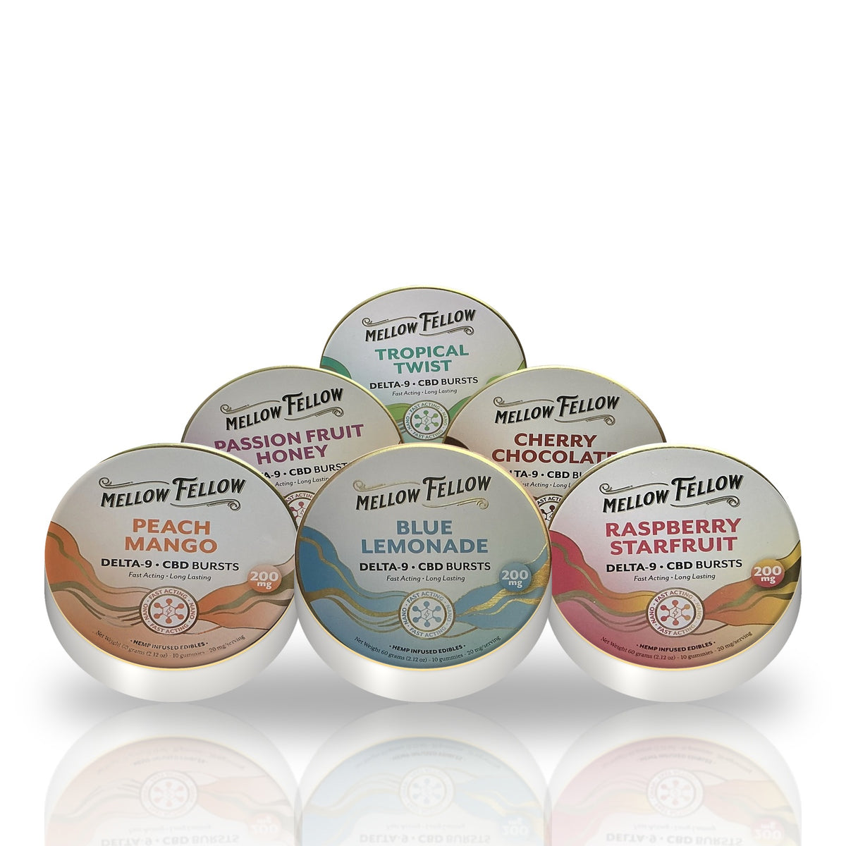 Mellow Fellow Delta-9 CBD Bursts 200MG gummies tin — all flavors