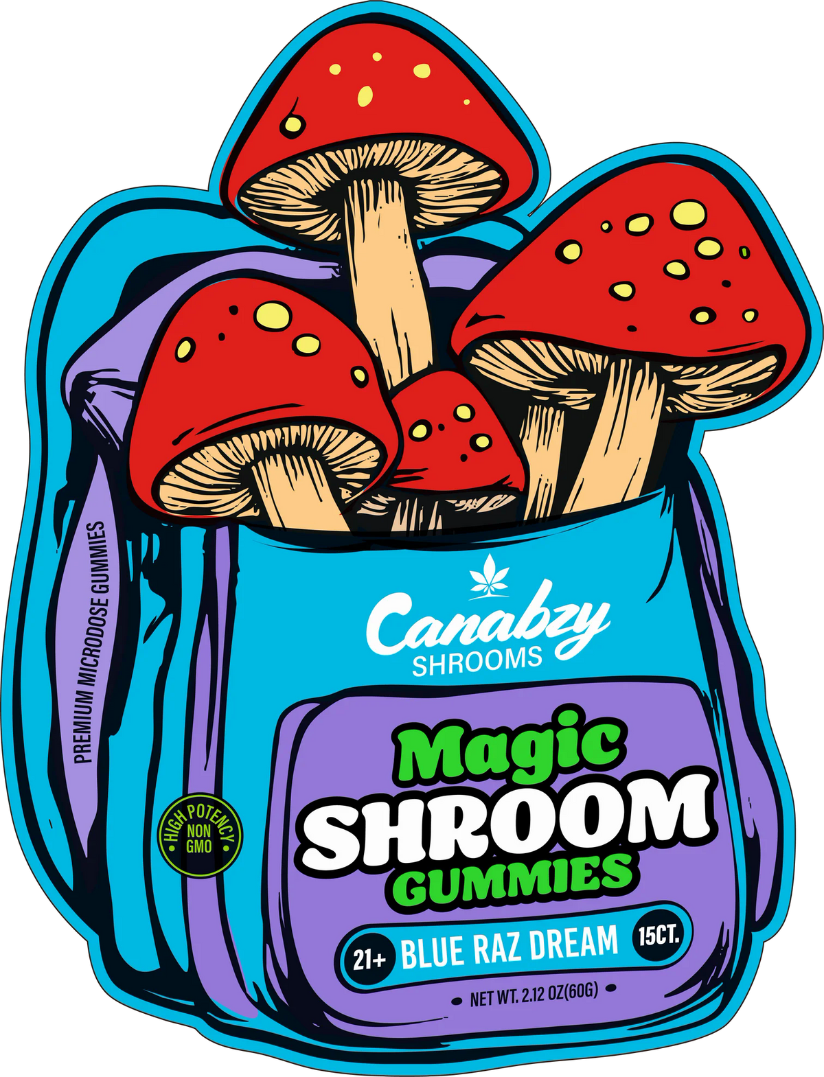 Canabzy Magic Shroom Gummies 15ct - Blue Raz Dream pouch (official product image)