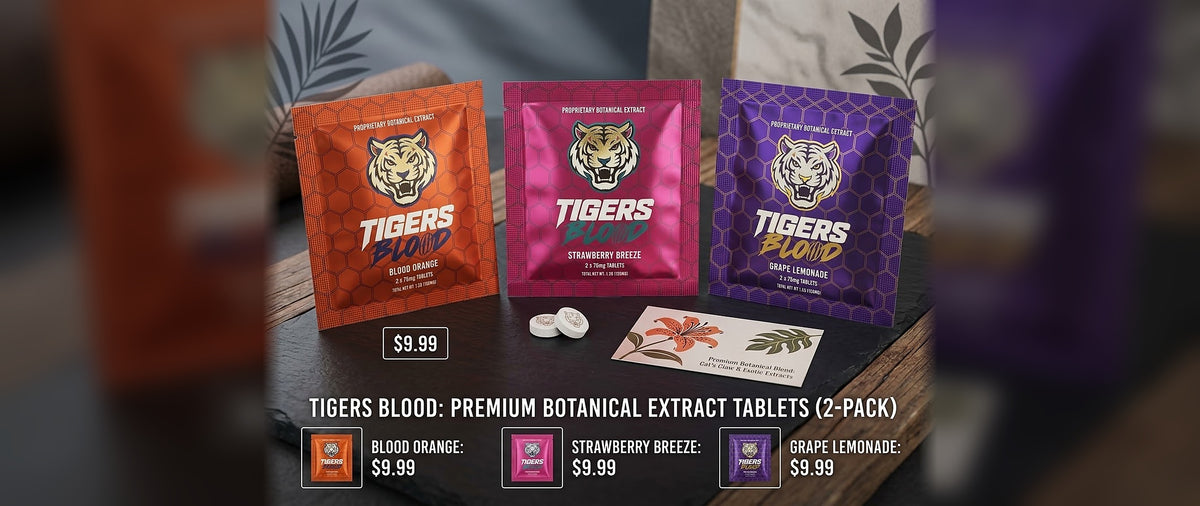 Tigers Blood premium botanical extract tablets 2-pack - Blood Orange, Strawberry Breeze, Grape Lemonade - $9.99 at Exotics Dispo