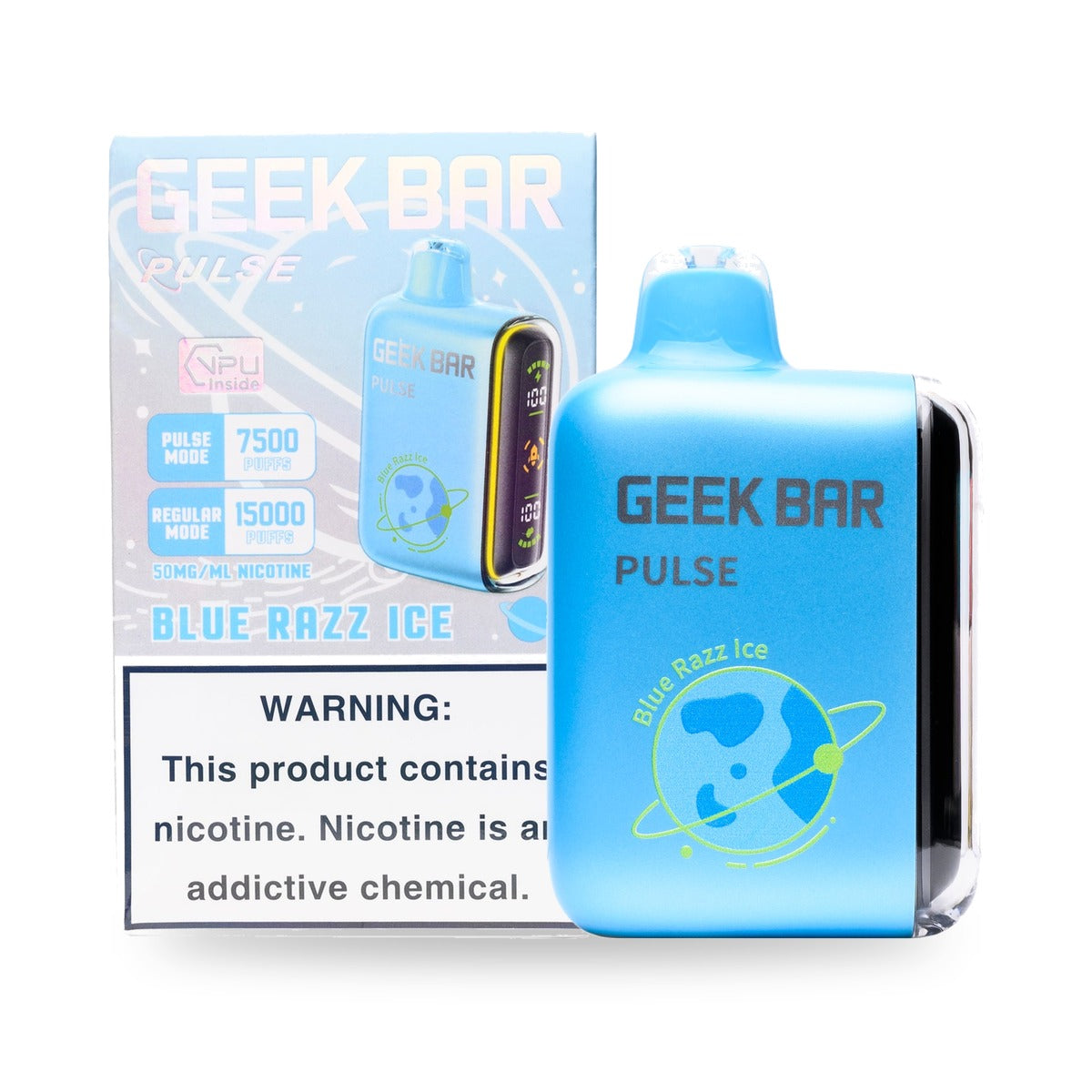 Blue Razz Ice — box & device — Geek Bar Pulse 15000 Puffs