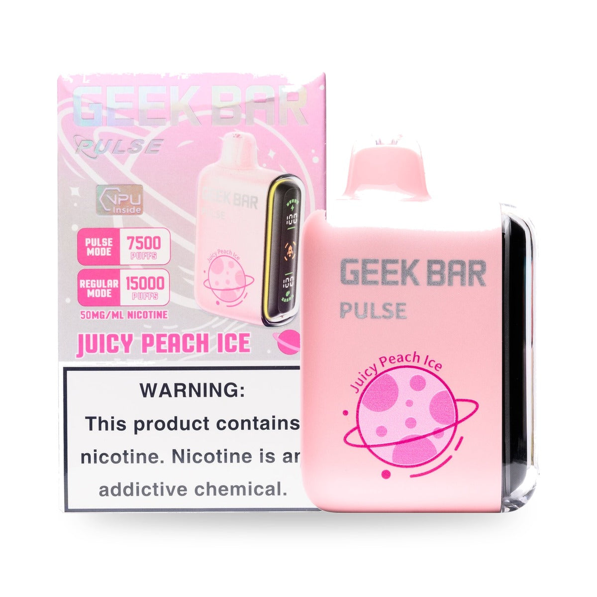 Juicy Peach Ice — box & device — Geek Bar Pulse 15000 Puffs