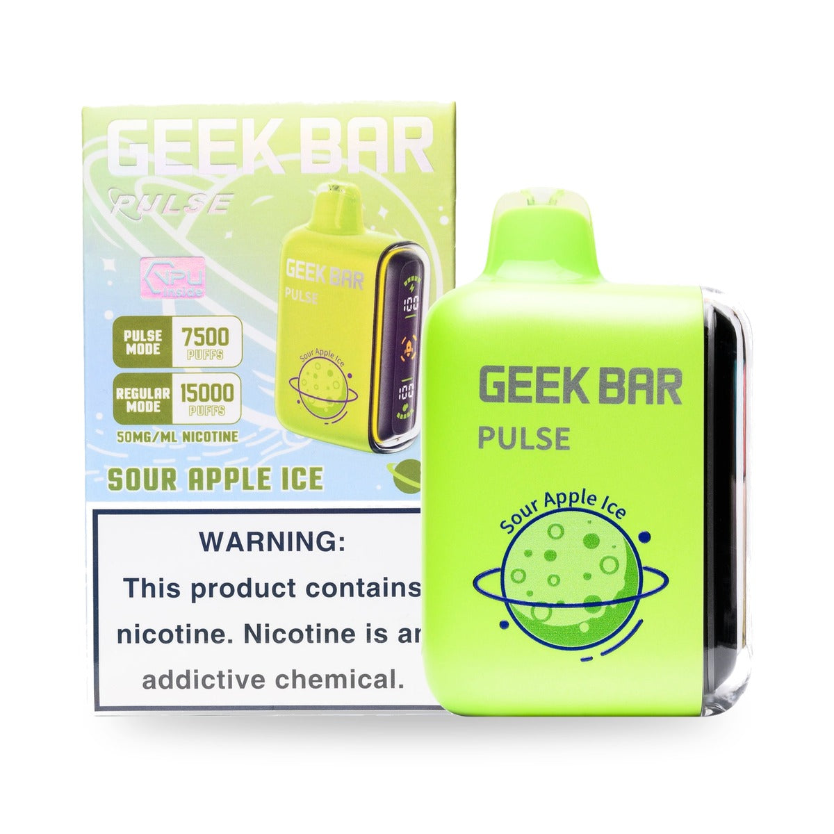 Sour Apple Ice — box & device — Geek Bar Pulse 15000 Puffs