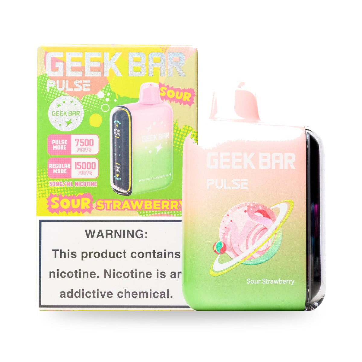 Sour Strawberry — box & device — Geek Bar Pulse 15000 Puffs