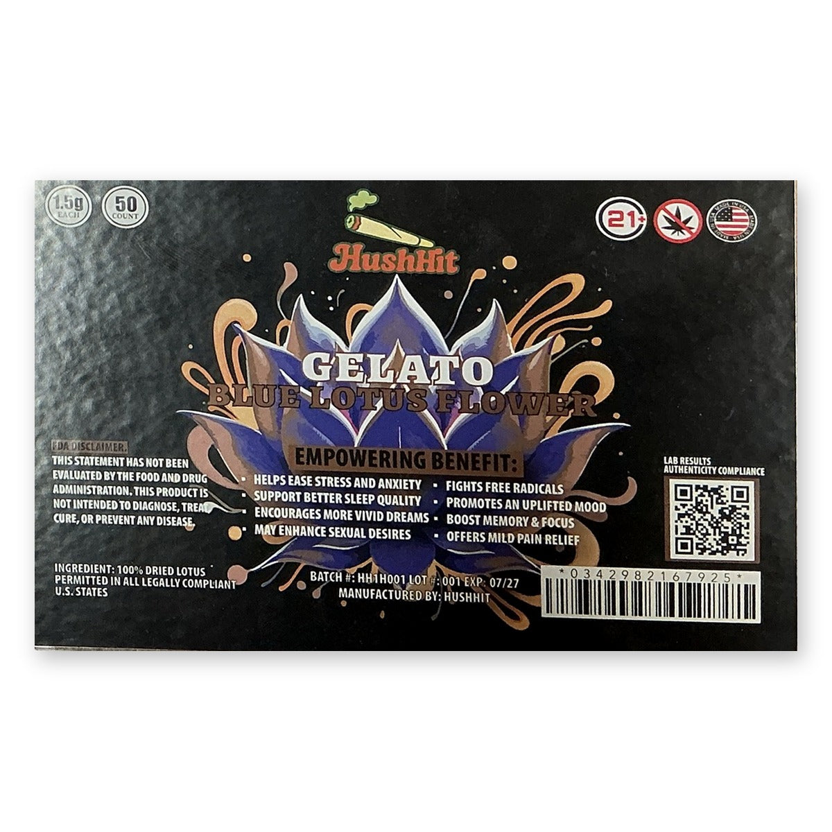 HushHit Blue Lotus Flower Gelato 1.5g pre-roll case label