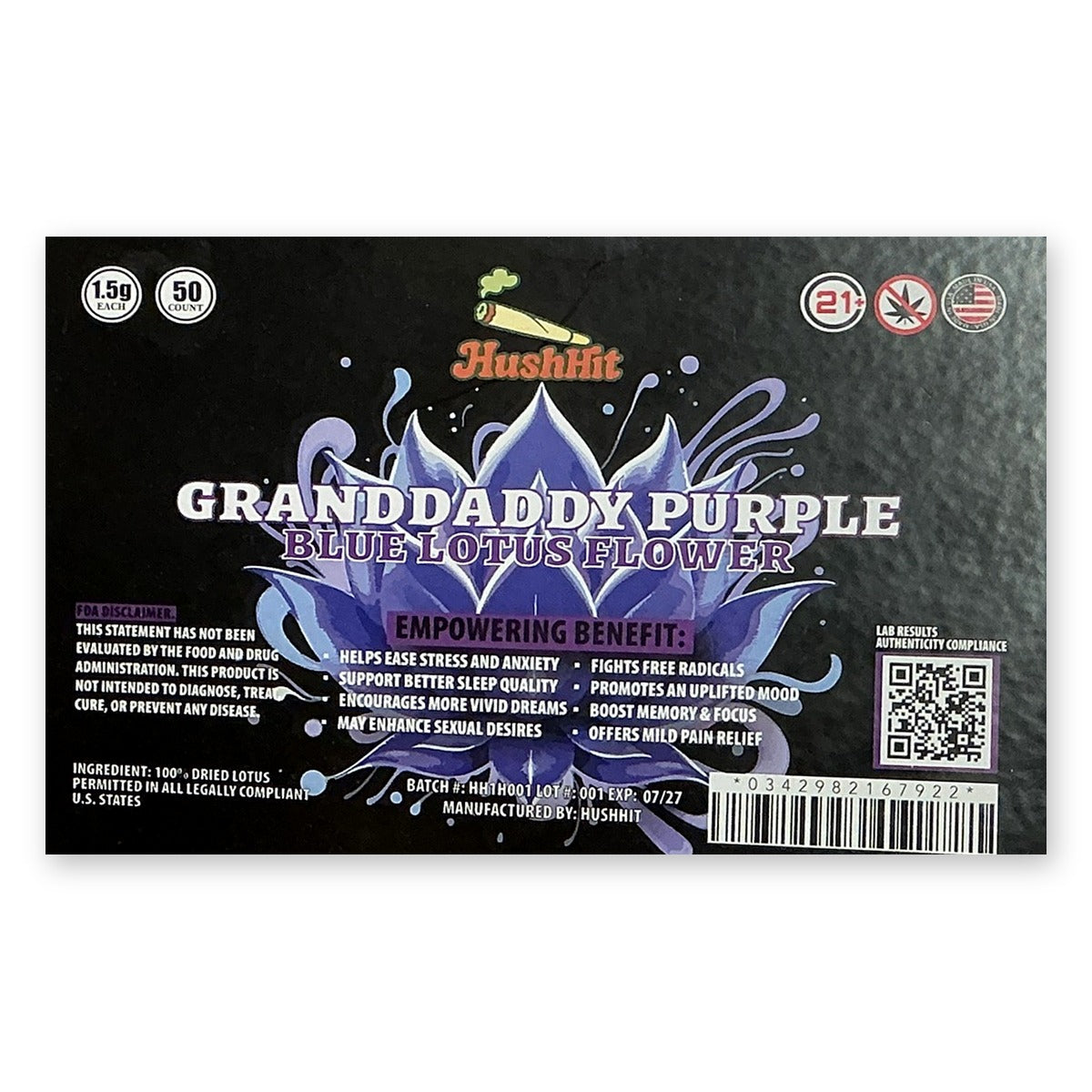 HushHit Blue Lotus Flower Granddaddy Purple 1.5g pre-roll case label