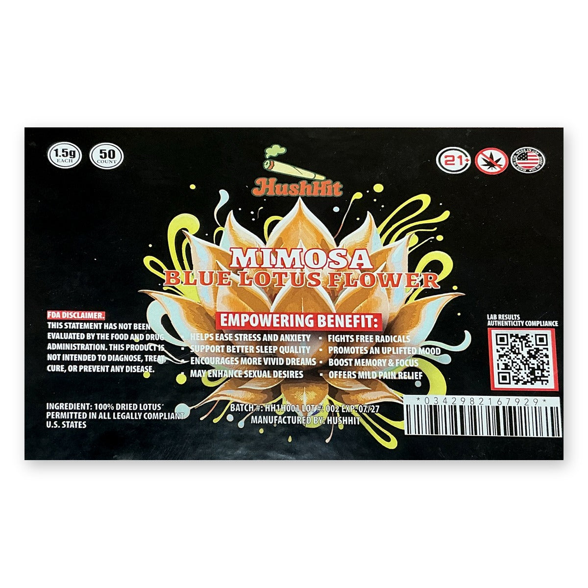 HushHit Blue Lotus Flower Mimosa 1.5g pre-roll case label