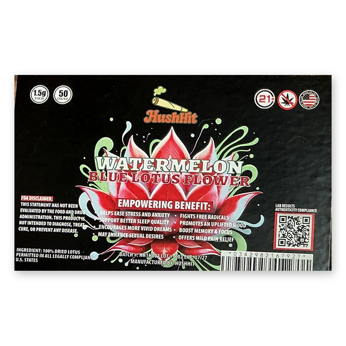 HushHit Blue Lotus Flower Watermelon 1.5g pre-roll case label