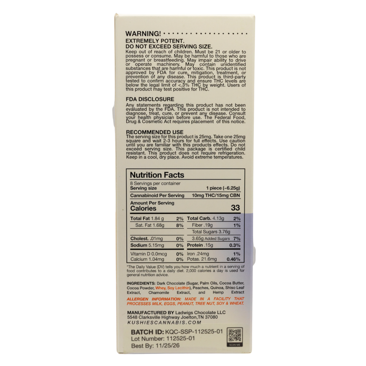 Kushies x Perfect Plant Shiso Peach (Night Blend) chocolate bar nutrition facts and ingredients