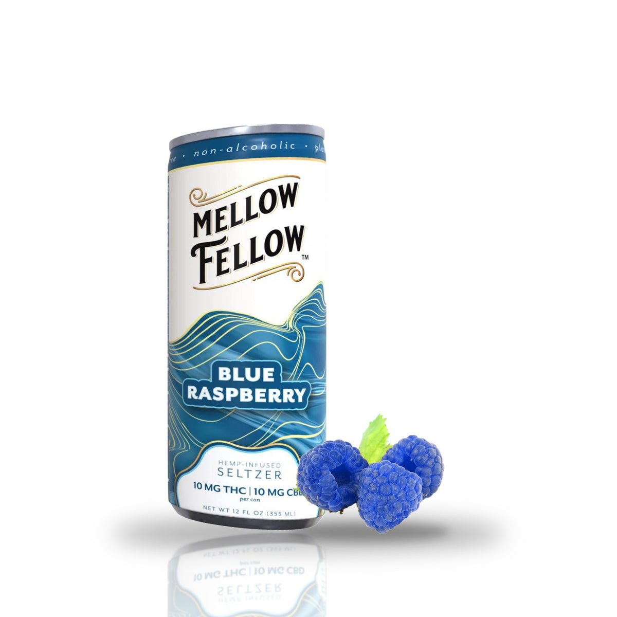 Blue Raspberry — can with fruit — Mellow Fellow THC Seltzer 10MG THC + 10MG CBD | 12oz with fruit
