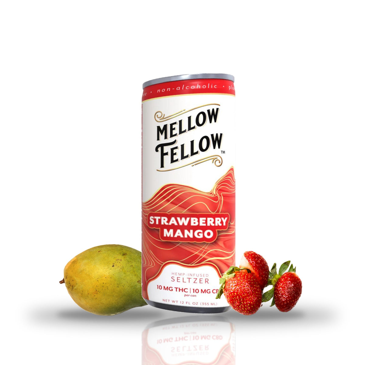Strawberry Mango — can with fruit — Mellow Fellow THC Seltzer 10MG THC + 10MG CBD | 12oz with fruit