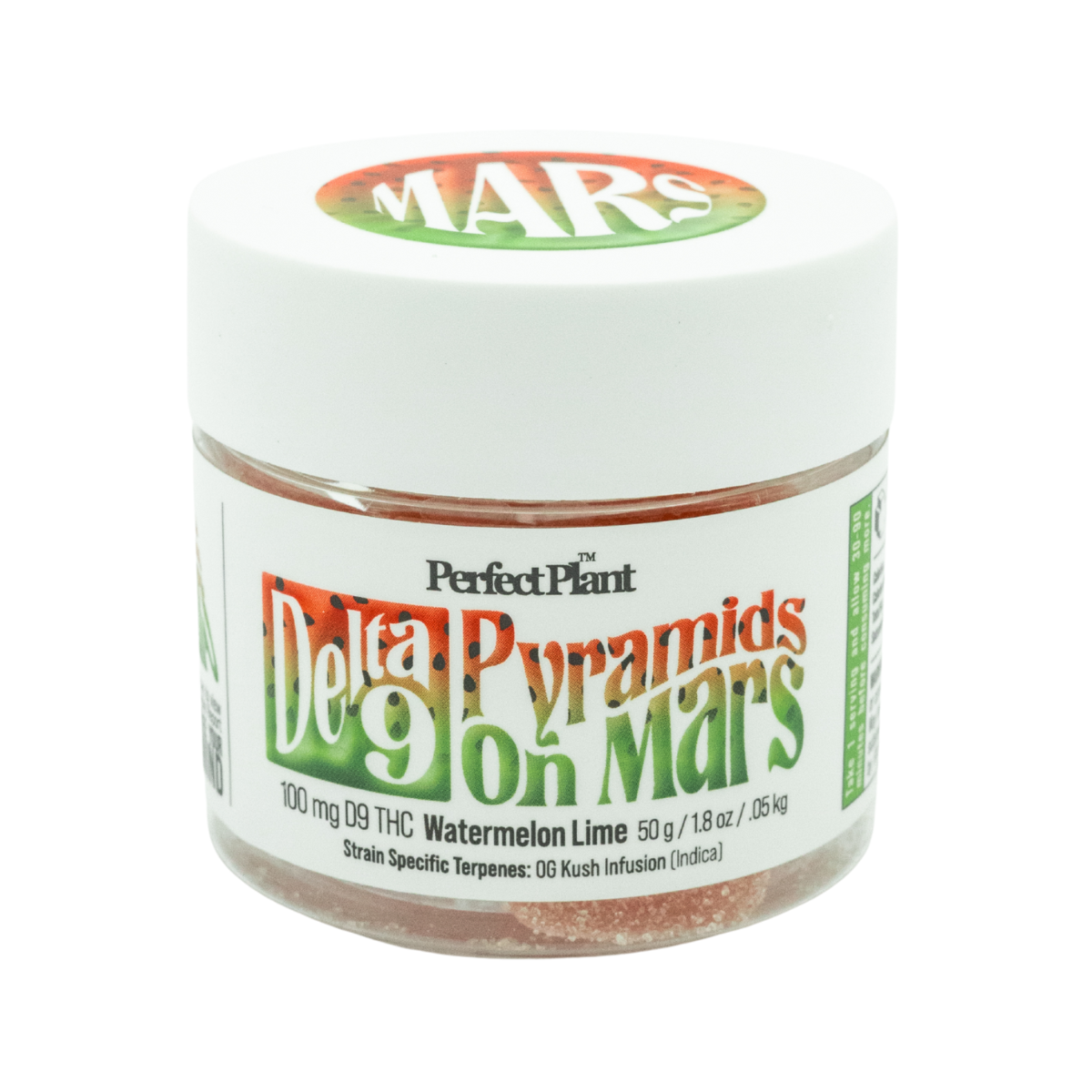 Perfect Plant Delta 9 Pyramids On Mars Watermelon Lime THC gummies jar