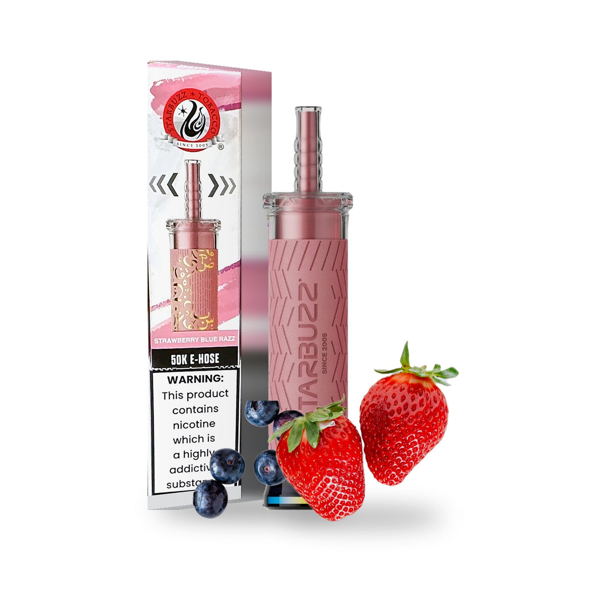Strawberry Blue Razz — box, device & flavor — Starbuzz 50K E-Hose