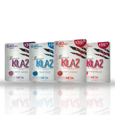 Meta Tabz Super Klaz 640MG cat's claw chewable tablets 8ct - Great Grape, Blue Razz, Very Cherry and Strawmelon pouches