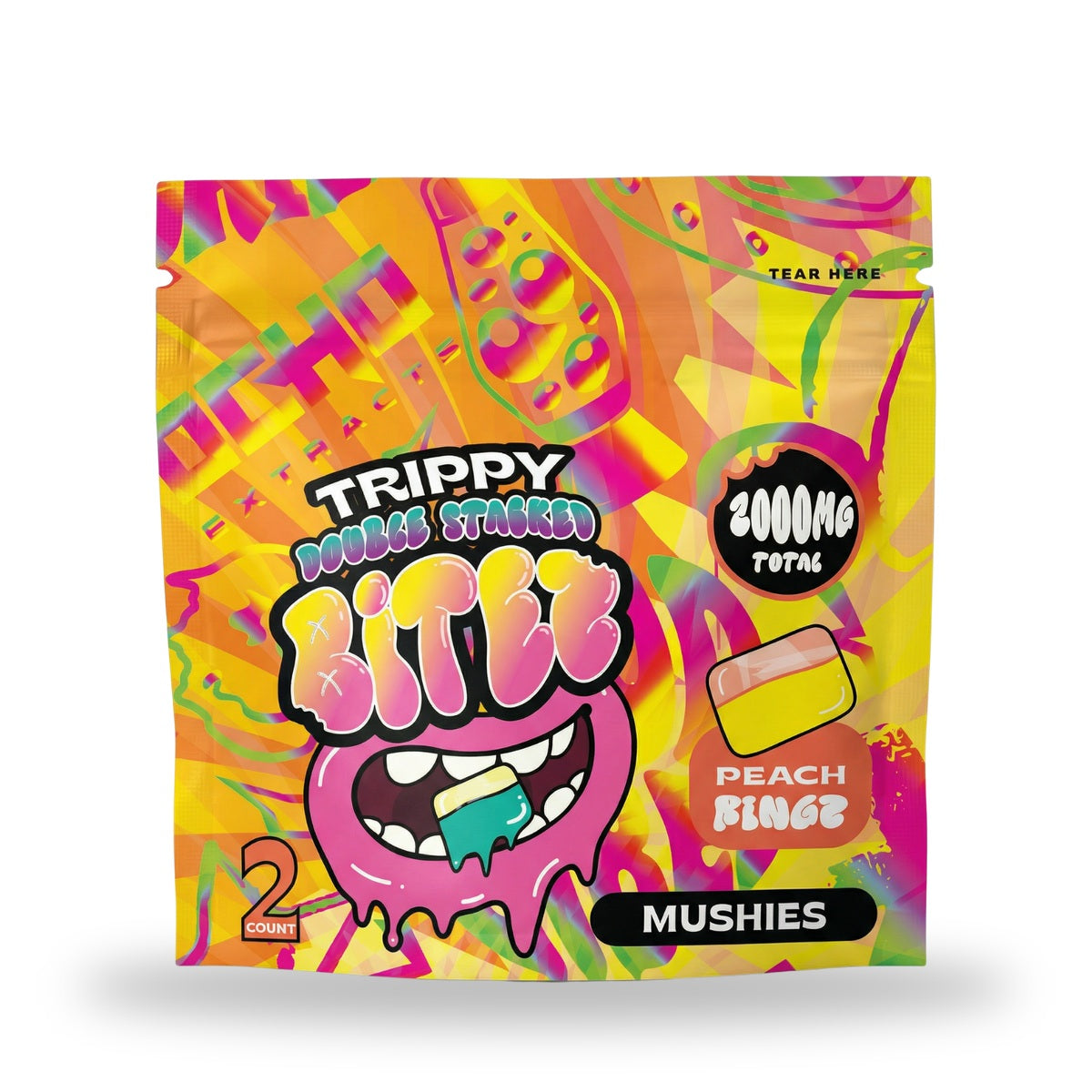 Trippy Bitez Mushies 2000MG 2ct - Peach Ringz bag