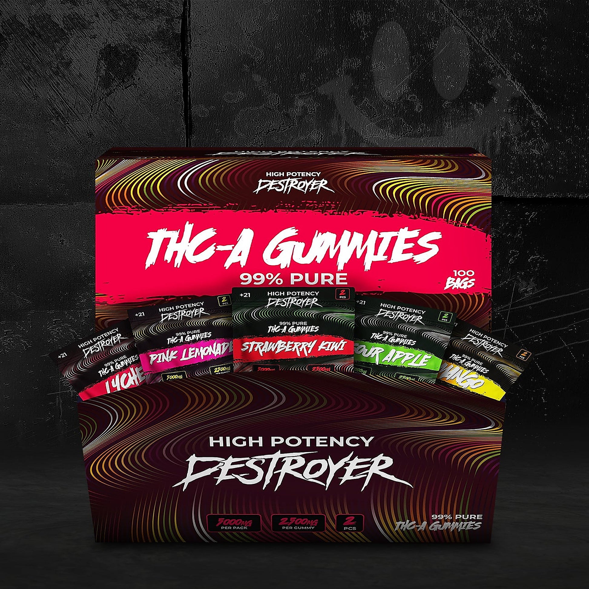 Destroyer High Potency 99% Pure THCA Gummies 10x2,500MG (25,000MG Total) - Close-Up View