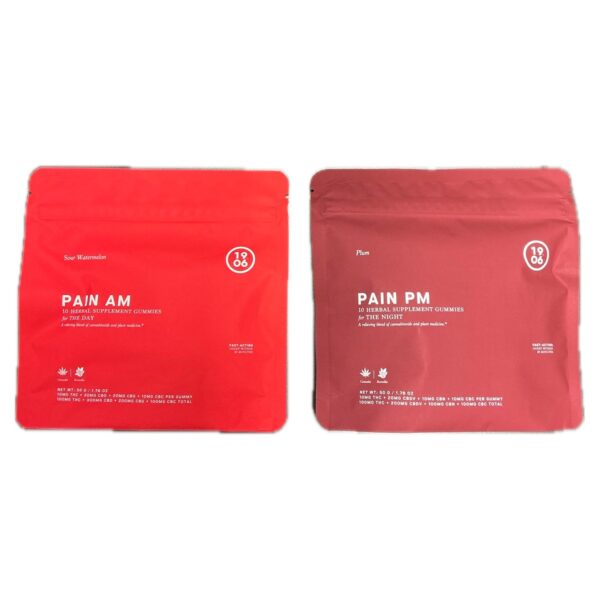 1906 Pain AM Sour Watermelon and Pain PM Plum gummy pouches, 10 gummies each