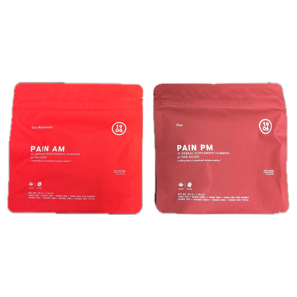 1906 Pain AM Sour Watermelon and Pain PM Plum gummy pouches, 10 gummies each