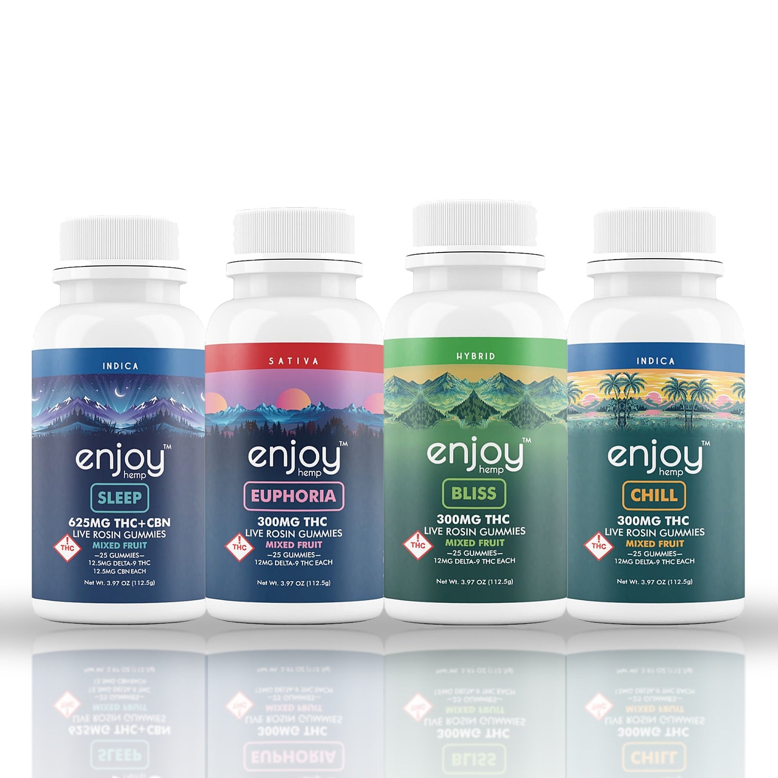 Enjoy Hemp live rosin gummies 25ct bottles, mixed fruit — Sleep, Euphoria, Bliss and Chill