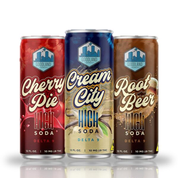Goodland High Soda 10MG D9 THC — Cherry Pie, Cream City and Root Beer 12oz cans
