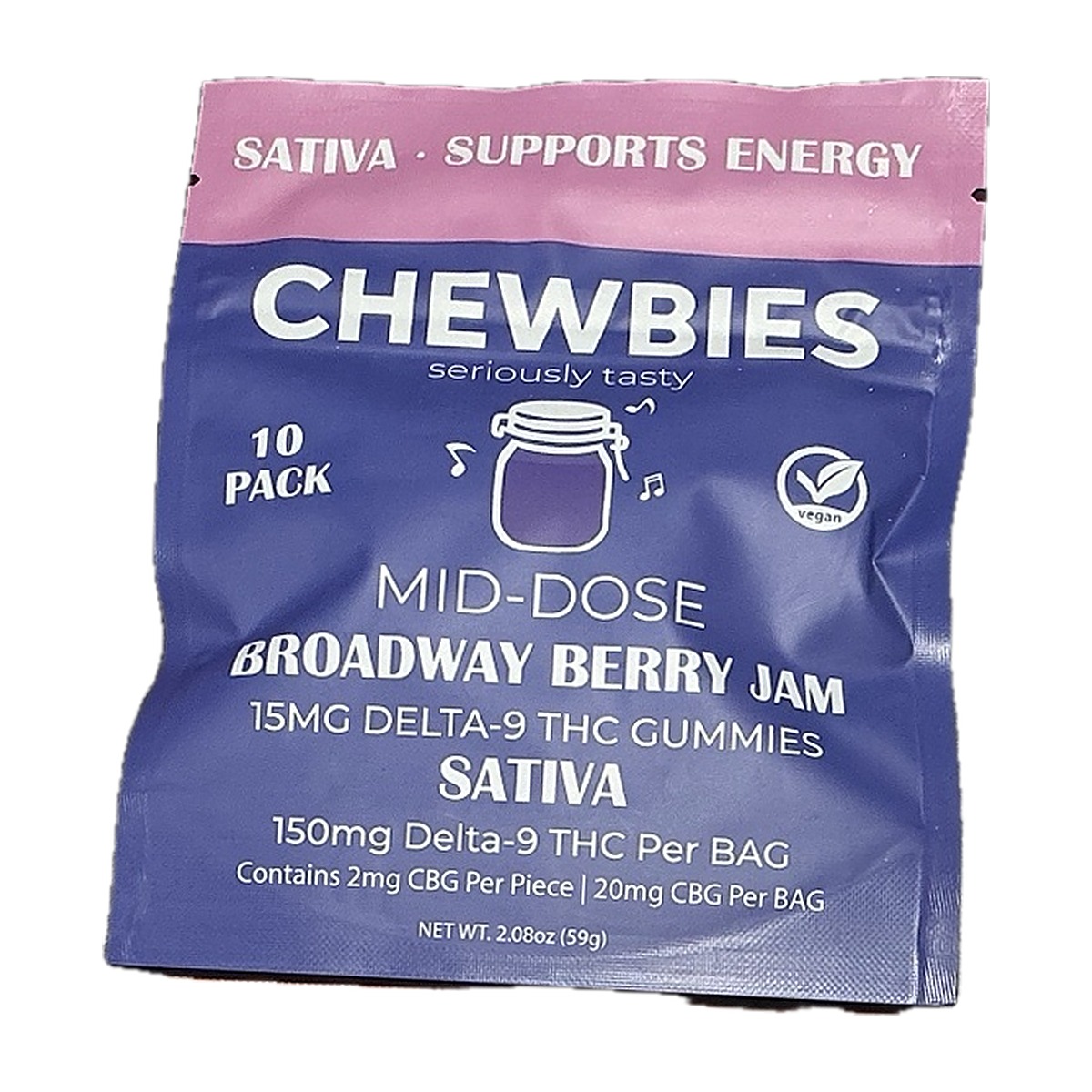 Chewbies Mid-Dose Broadway Berry Jam gummies 10-pack bag, Sativa