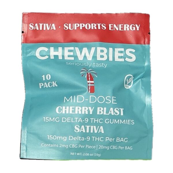 Chewbies Mid-Dose Cherry Blast gummies 10-pack bag, Sativa