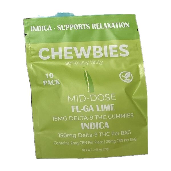 Chewbies Mid-Dose FL-GA Lime gummies 10-pack bag, Indica