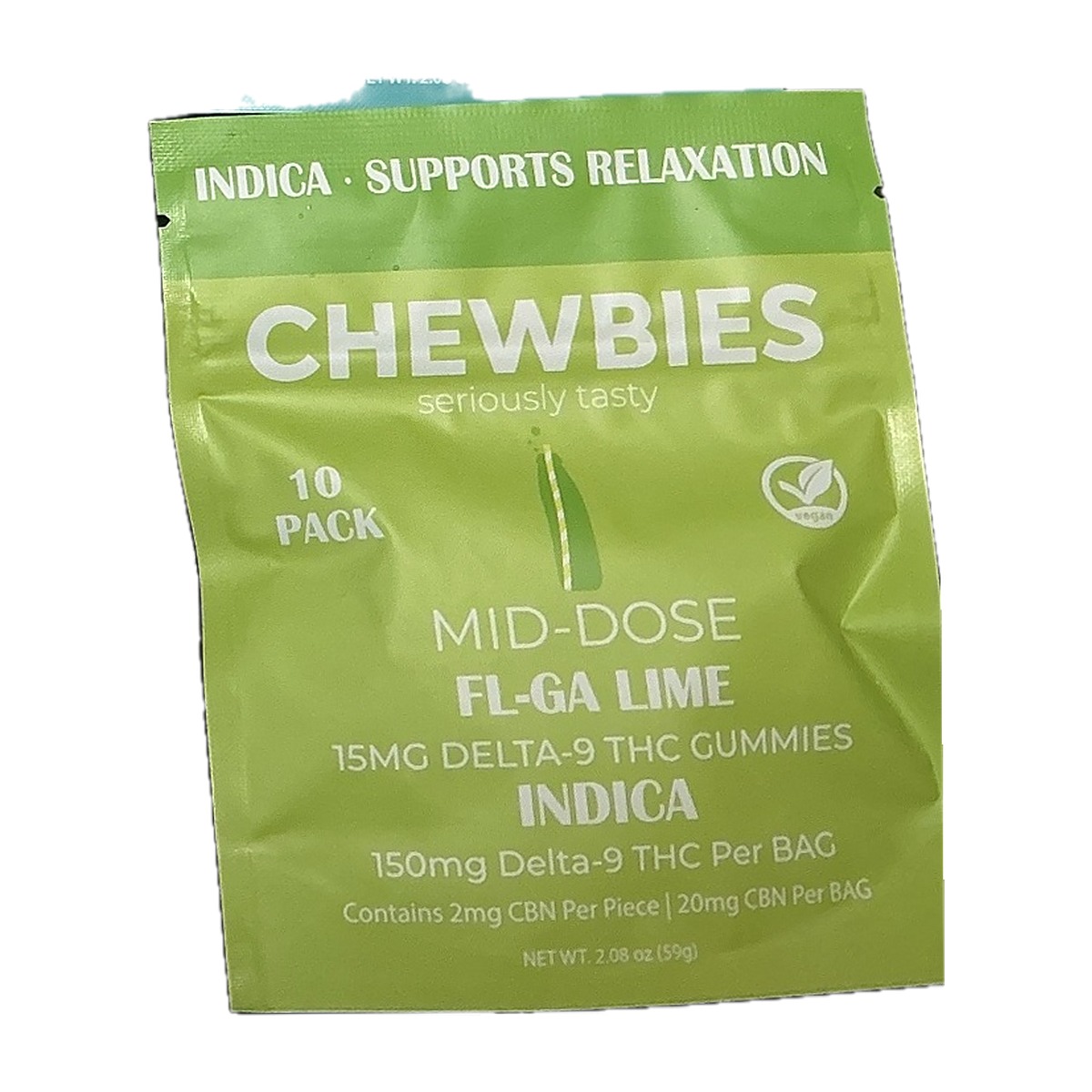 Chewbies Mid-Dose FL-GA Lime gummies 10-pack bag, Indica
