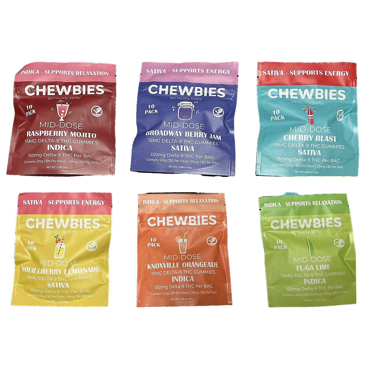 Chewbies Mid-Dose 15MG Delta-9 THC gummies, all six 10-pack flavors