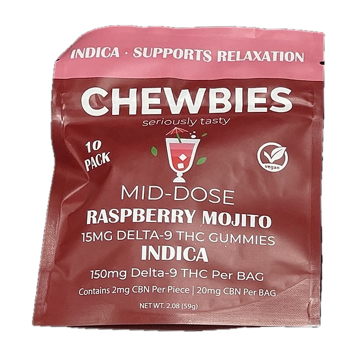 Chewbies Mid-Dose Raspberry Mojito gummies 10-pack bag, Indica