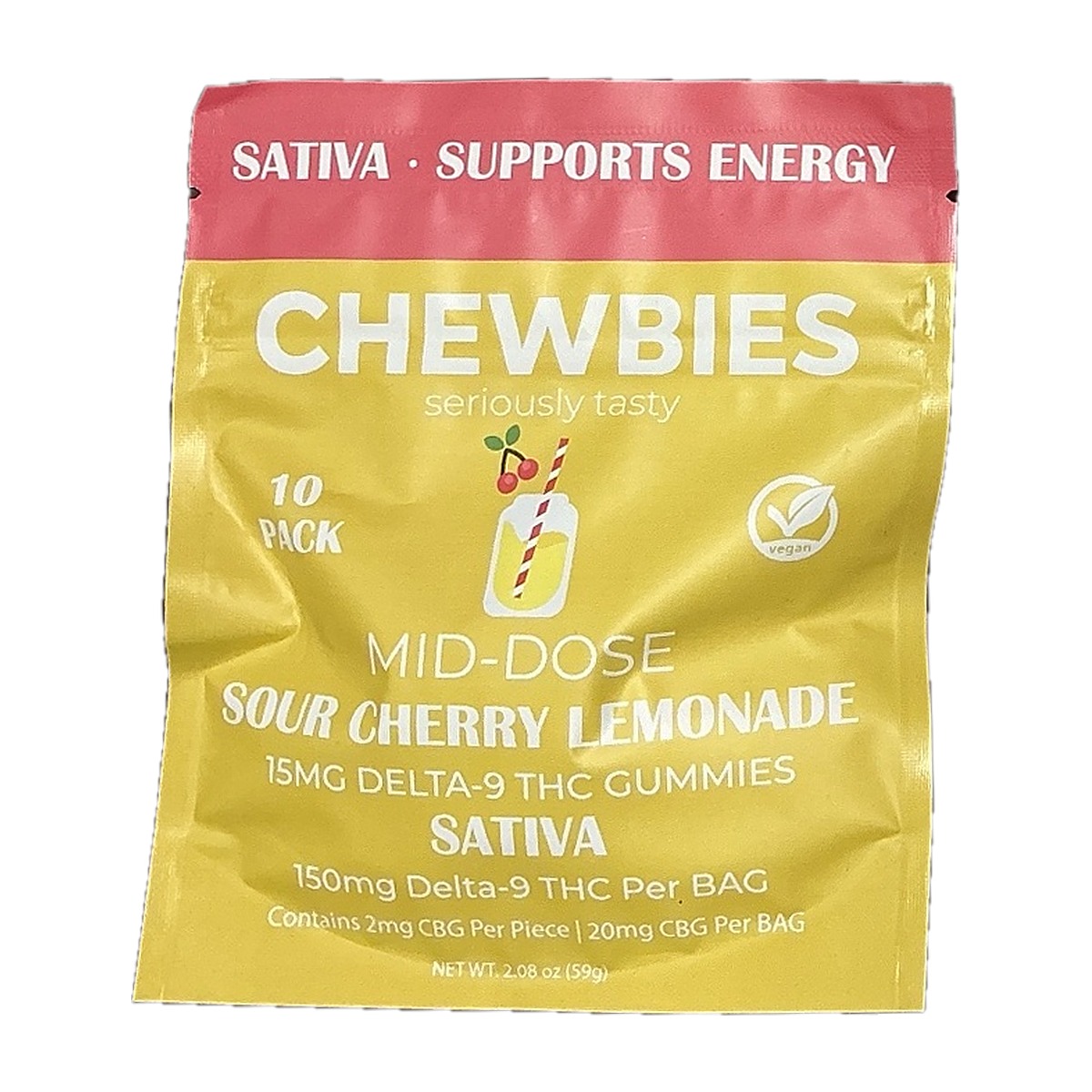 Chewbies Mid-Dose Sour Cherry Lemonade gummies 10-pack bag, Sativa