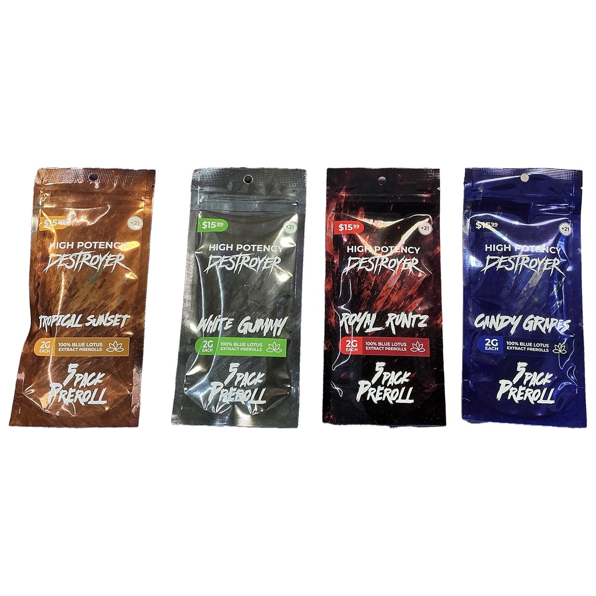 High Potency Destroyer Blue Lotus Extract Pre-Rolls 5-pack pouches, all four flavors